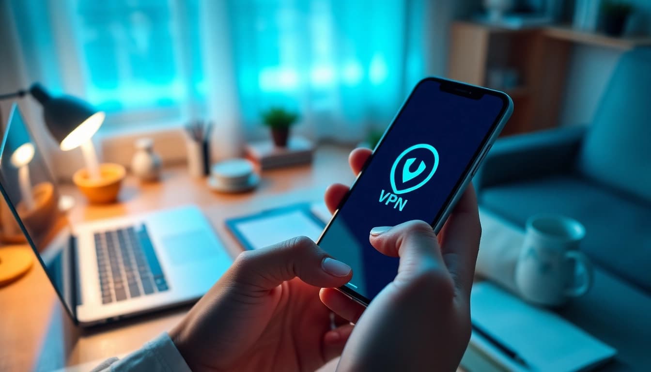 快连官网 VPN application interface displayed on a smartphone in a cozy home office setting, emphasizing user-friendliness and security.