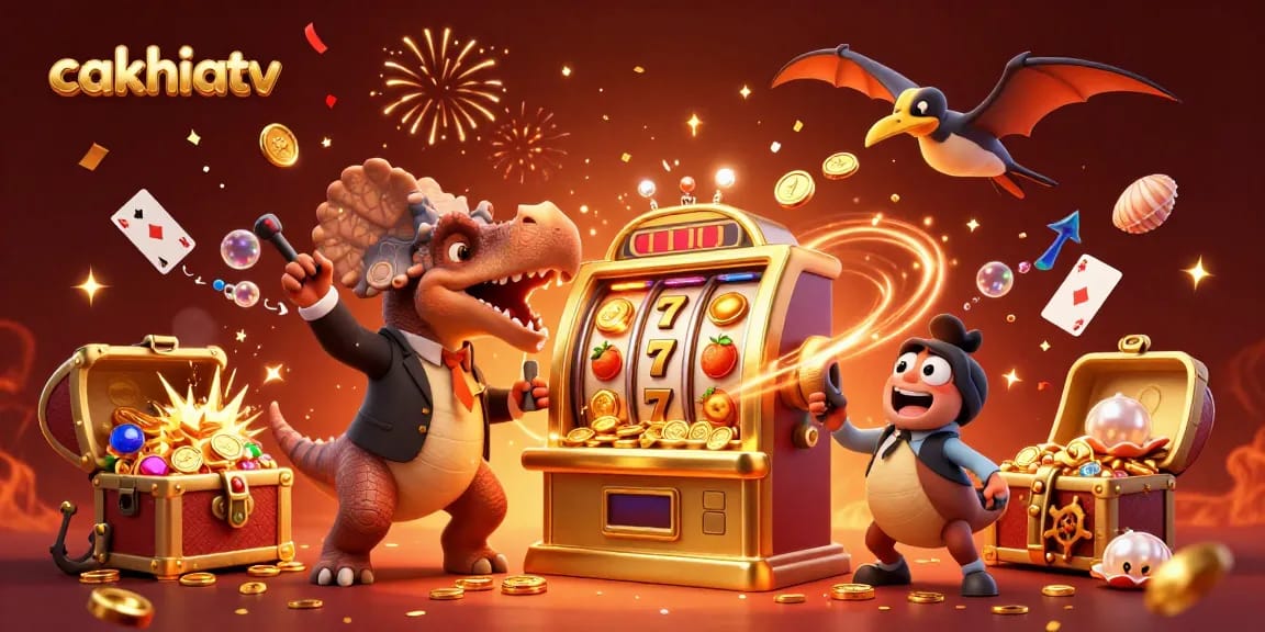 Experience exciting jackpot wins with cakhiatv as colorful coins explode from a golden slot machine.