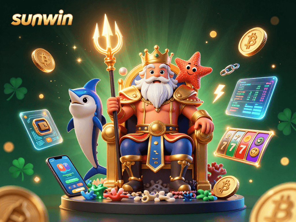 Join Neptune in a vibrant sunwin casino adventure with glowing crypto elements!