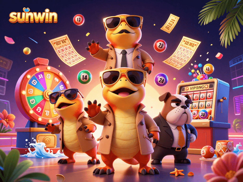 Experience sunwin as raptors in a trench coat attempt VIP entry, surrounded by vibrant casino elements.