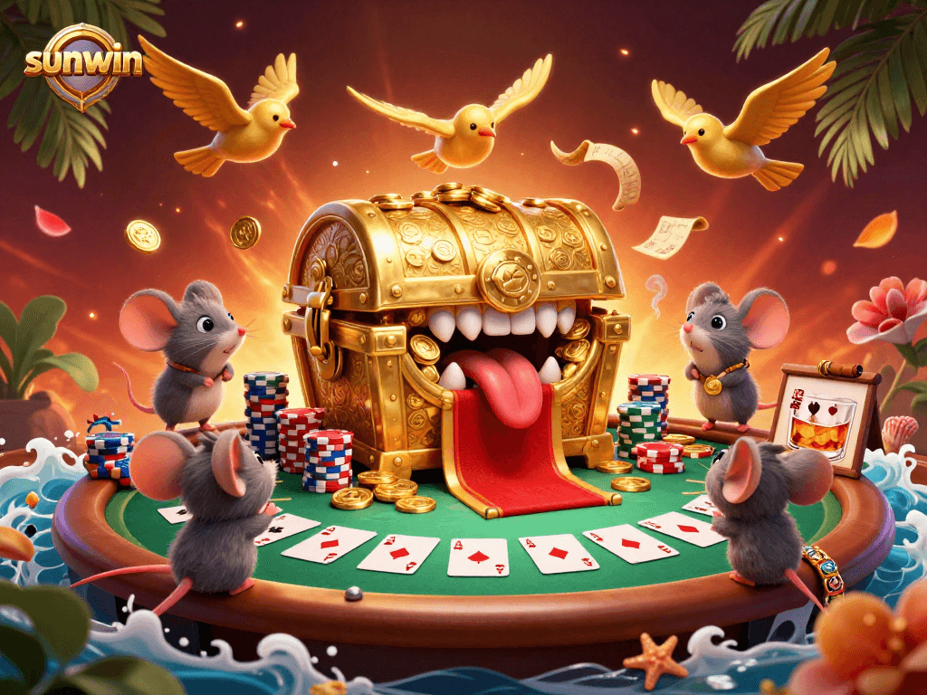 Experience sunwin's dynamic poker scene with adventurer mice and a treasure chest, rich in entertaining details.