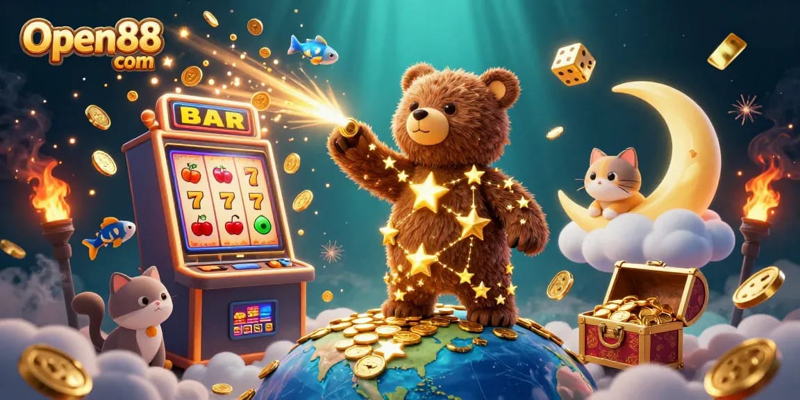 Spin to win at Open88 com with vibrant casino characters and a jackpot scene full of excitement.