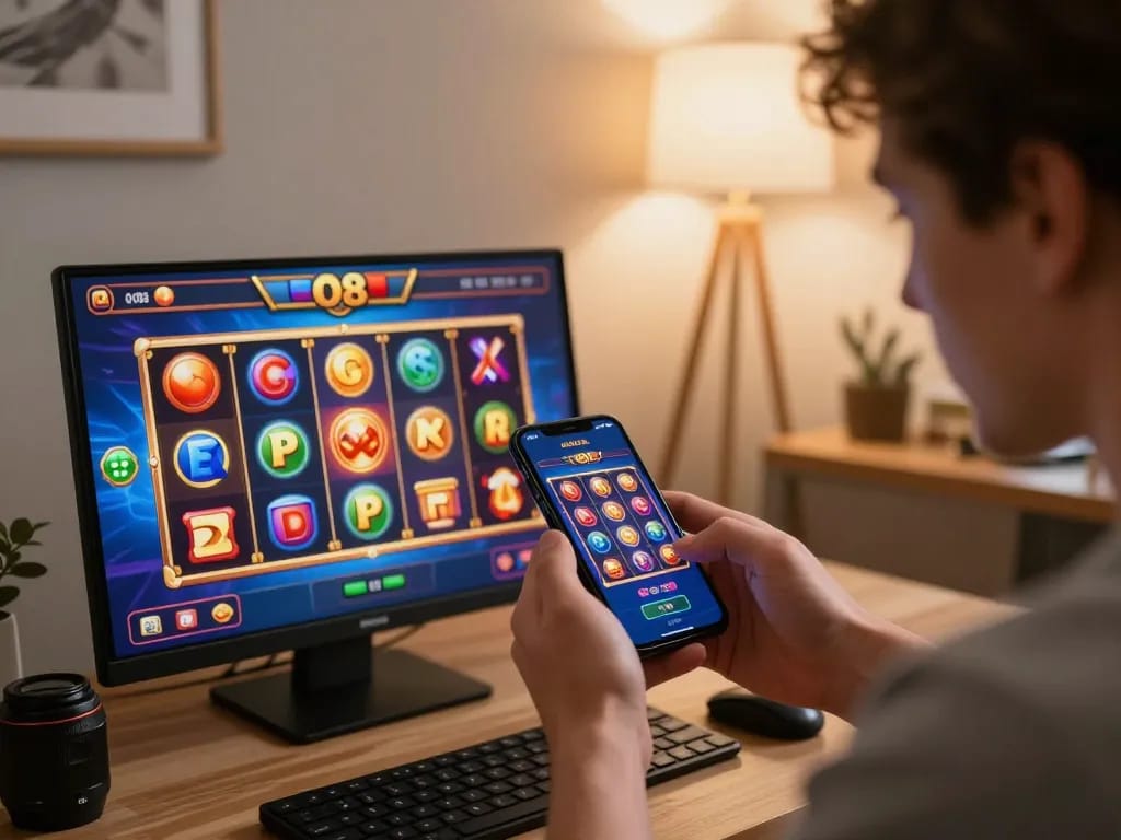 Player engaging with the O8 casino app on smartphone, immersed in vibrant gaming atmosphere.