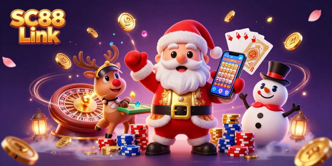 Spin the reels with SC88 Link as festive characters celebrate jackpot wins in a vibrant casino.