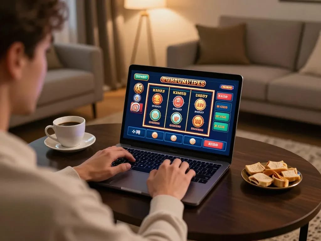 Player enjoying go8s online gaming experience in cozy setting with laptop and snacks.