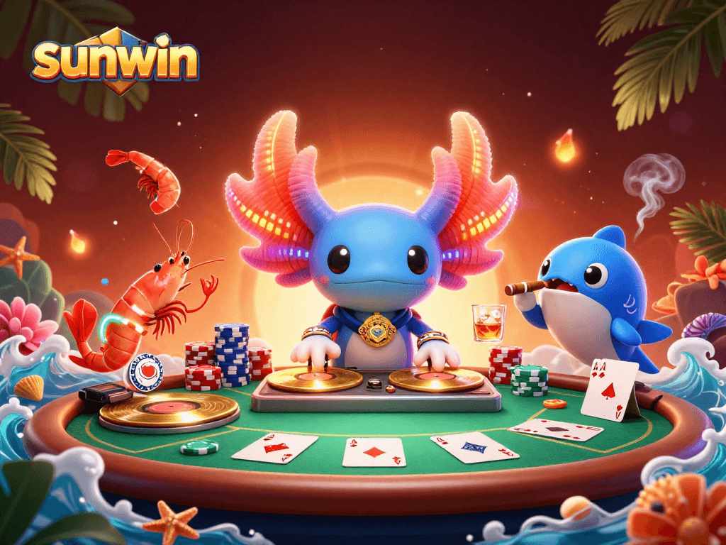 Join the vibrant sunwin casino scene with a neon axolotl DJ, poker elements, and partying sea creatures.