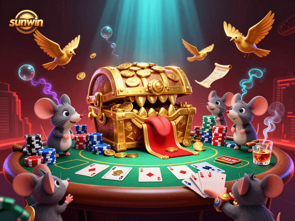Win big at Sunwin with a captivating 3D casino scene showcasing dynamic poker elements.