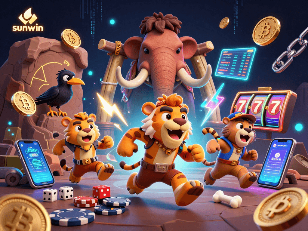 Engage in thrilling gameplay at sunwin with an exciting prehistoric casino scene featuring animated characters.