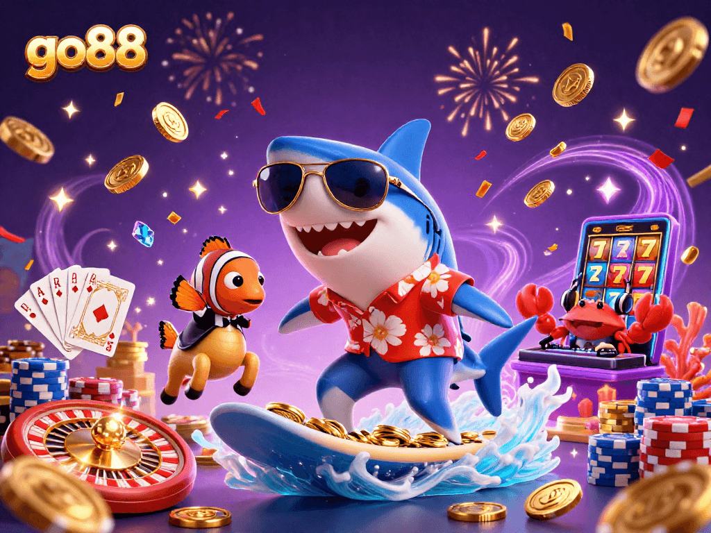 Experience go88 thrills with a vibrant shark surfing on gold coins, vibrant gems, and classic casino games!
