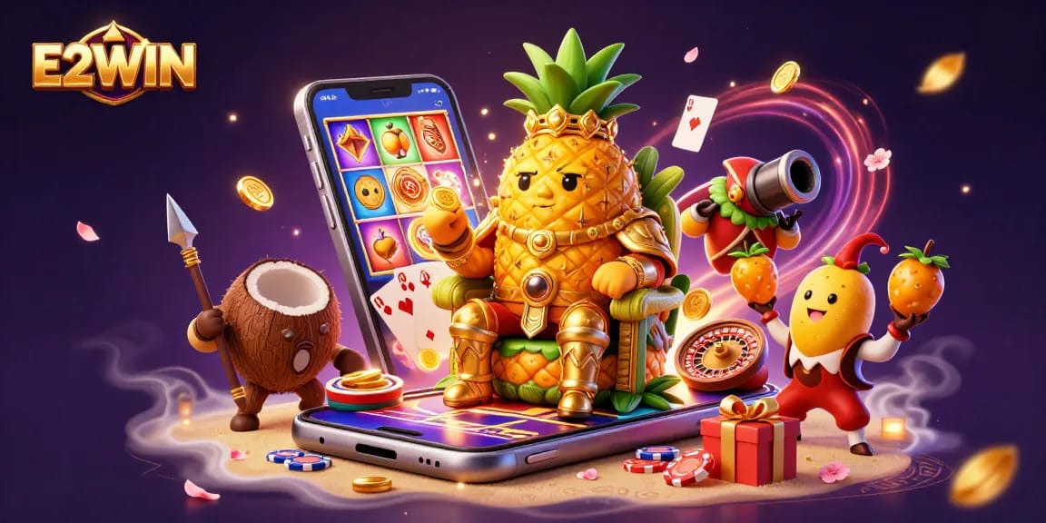 E2WIN players enjoying vibrant slots in a beach casino scene with a golden pineapple king.