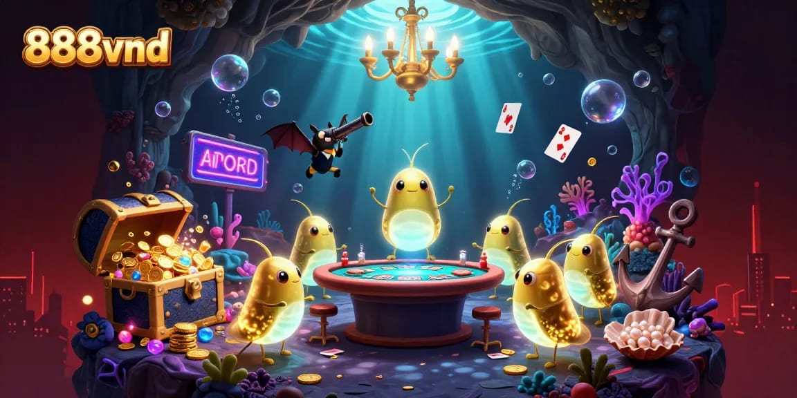 Experience the excitement of 888vnd with glowworms lighting up a whimsical cave casino full of treasures and games.