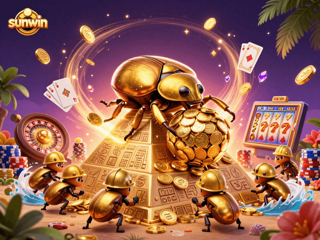 Spin jackpots and roll coins with sunwin's 3D casino adventure featuring golden beetles.