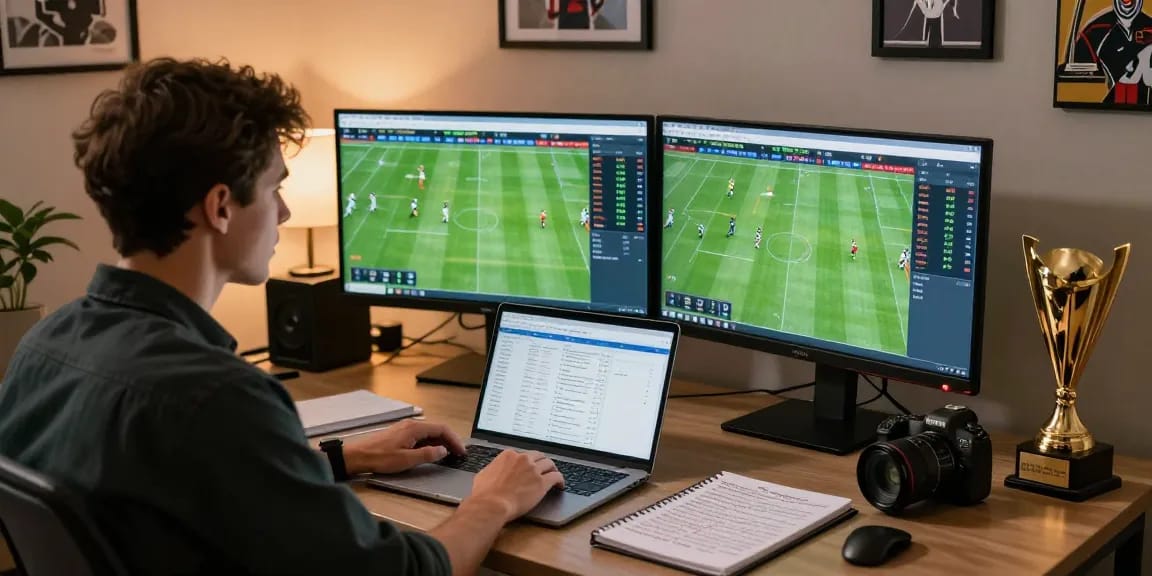 Detailed sports betting analysis scene showcasing nhận định kèo nhà cái with live match statistics and strategic documents.