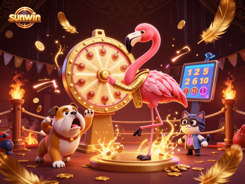 Sunwin game show scene featuring a flamingo host, bulldog contestant, and prizes, rich casino atmosphere.