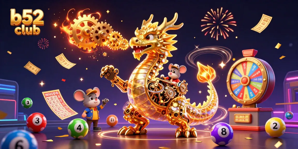 Engage with thrilling games at b52 club, featuring a unique dragon breathing golden gears.