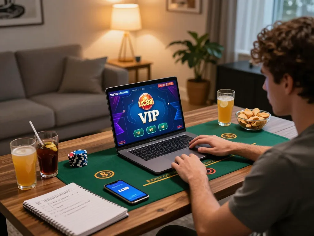 Engaging home gaming scene with LC88 VIP online casino setup, showcasing strategic play.