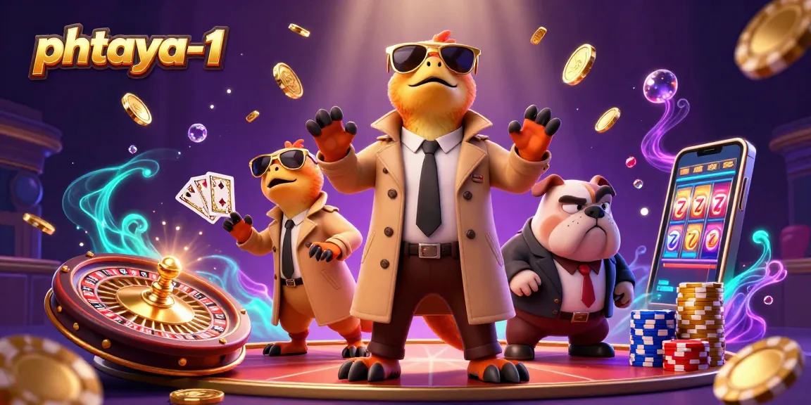 Phtaya-1 presents raptors in a trench coat preparing for casino action, with vibrant gambling elements.