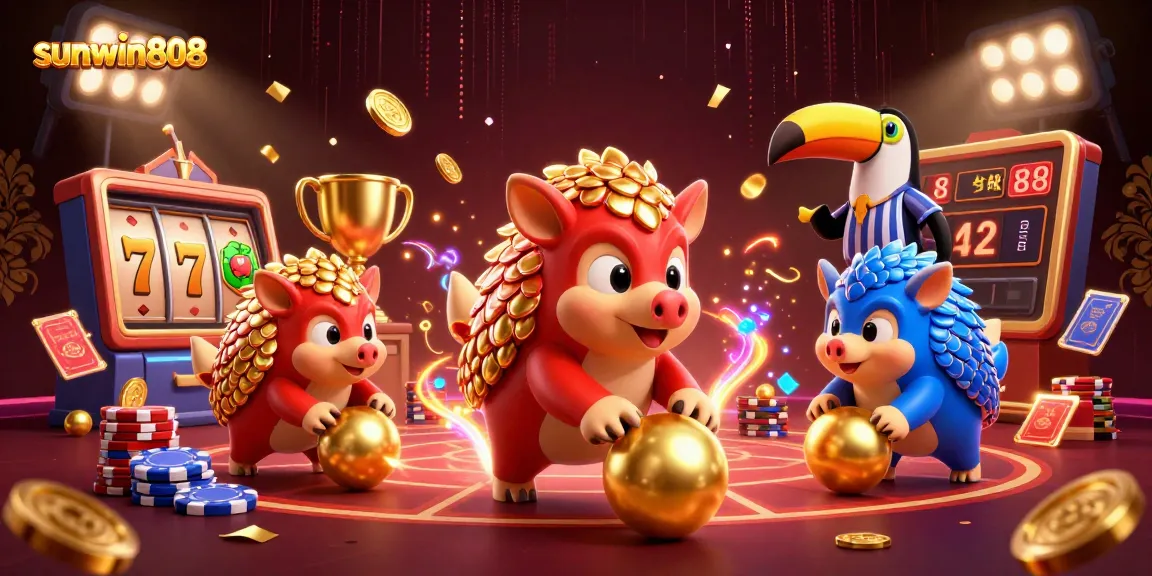 Experience thrilling action at sunwin808 with pangolins bowling through chips and vibrant casino elements.