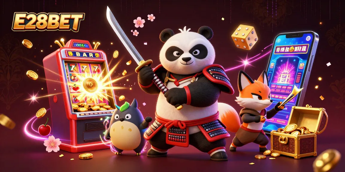 Spin and win at E28BET with a vibrant scene of digital slot machines and animated characters!
