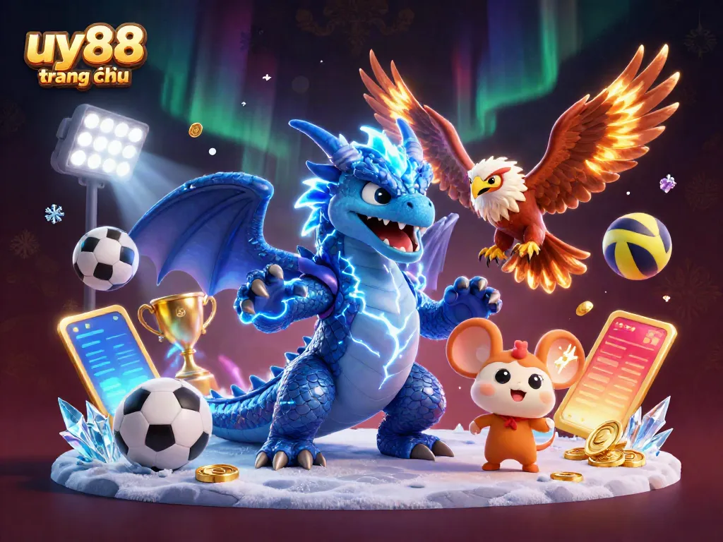 Experience the excitement of uy88 trang chủ with vibrant casino illustration showcasing dragon, hawk, and gaming elements.