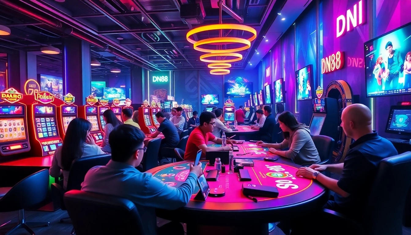 Experience the exciting world of online gaming with DN88's vibrant casino atmosphere, featuring players engaged in dynamic games.