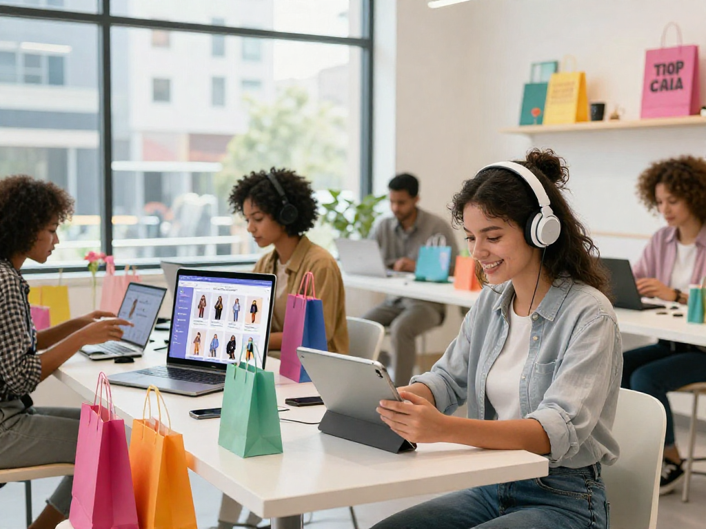 Exciting shopping experience on https://rokok88digital.com with diverse shoppers browsing lifestyle products in a vibrant urban setting.