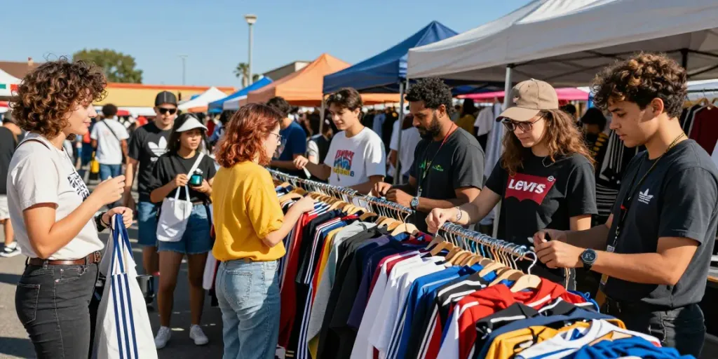 Shoppers engaging with branded clothing at an urban fashion market, emphasizing hurt markowej odzieży.