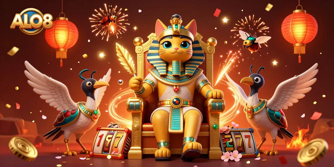 Engage in thrilling gaming adventures at ALO8, surrounded by vibrant slot reels and festive characters.