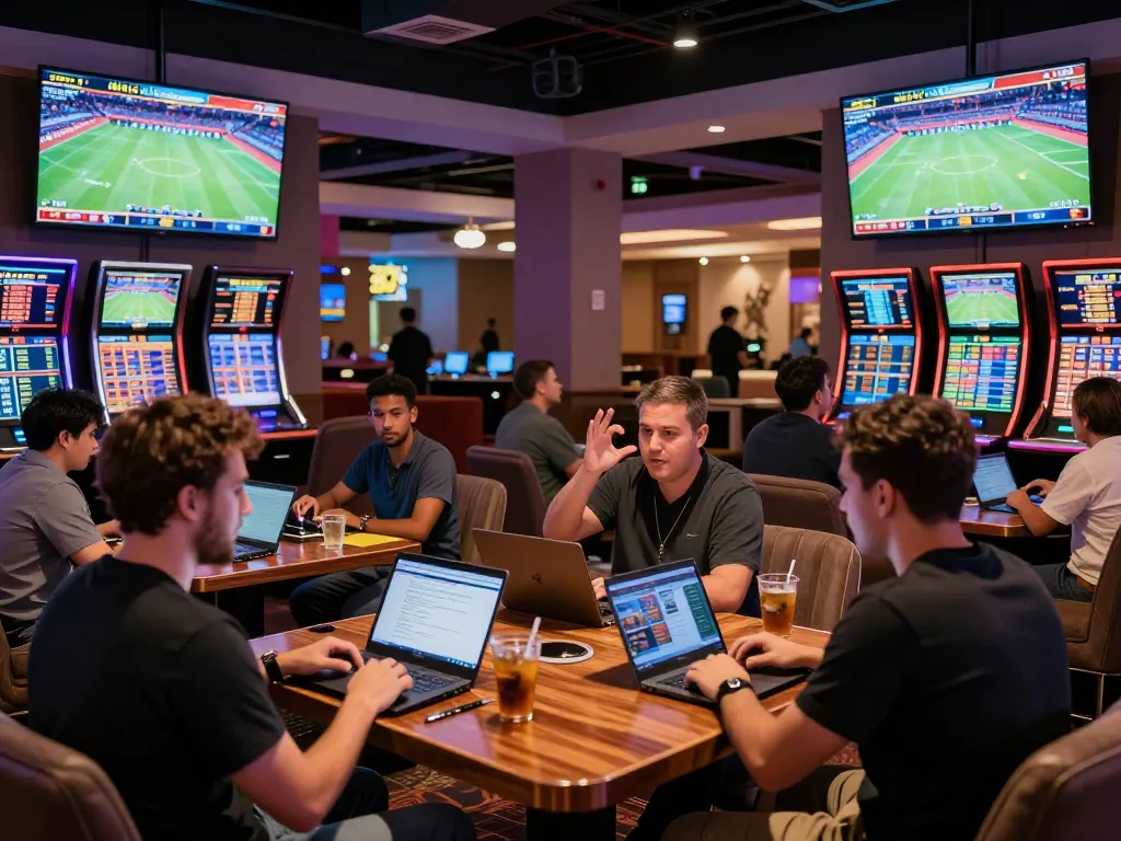 Excited bettors engaging in sports betting at the lively 79king lounge, showcasing strategy and camaraderie.