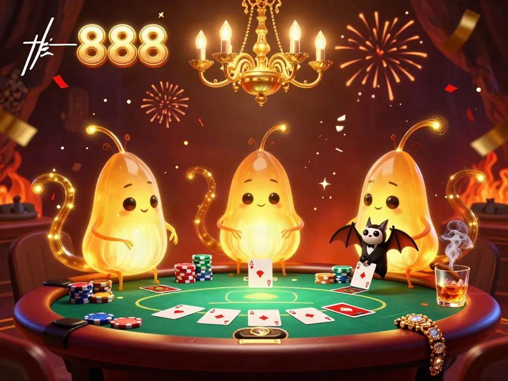 Experience the thrill of tk 888 at this illuminated casino scene featuring glowworms and a bat dealer.
