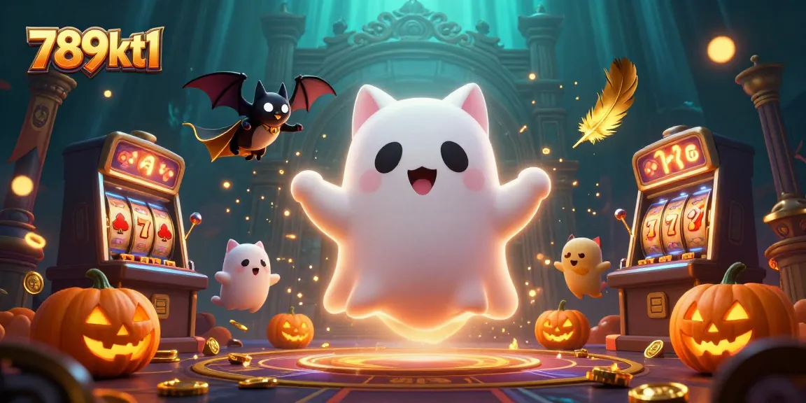 Experience the thrilling world of 789kt1 with a playful ghost cat and vampire bat in a stunning casino setting.