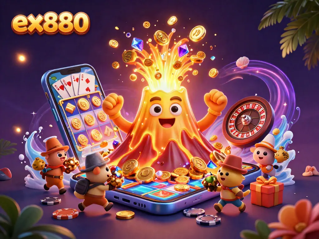Experience the thrilling world of ex880 gaming with a vibrant eruption of treasure and casino elements.