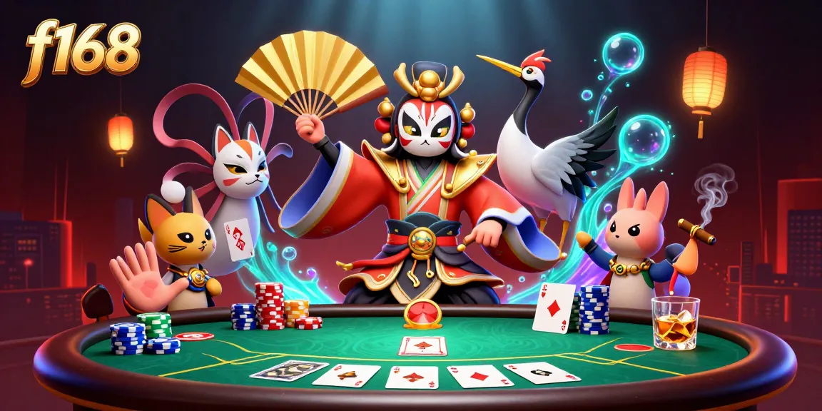 Engage in thrilling f168 poker battles with a kabuki warrior beneath vibrant neon lights.