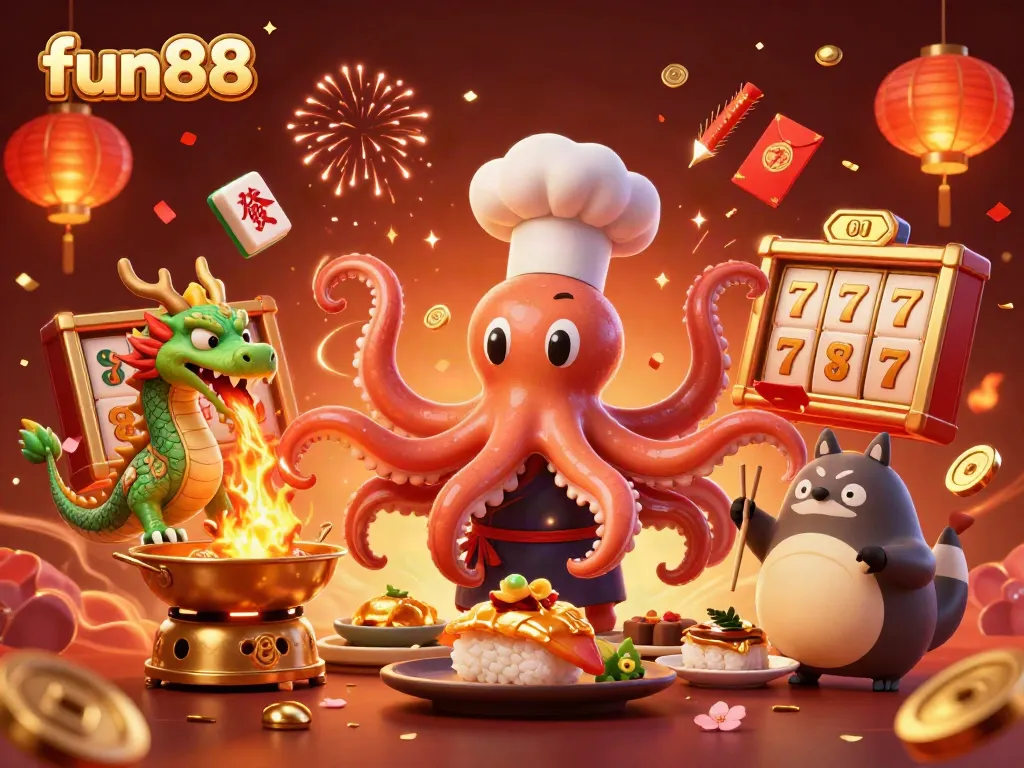 Experience the excitement of fun88 with a vibrant 3D illustration of lively casino elements.
