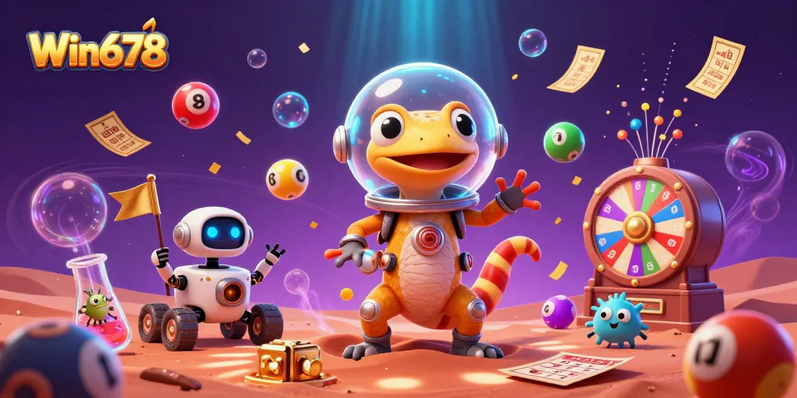 Win678 offers an exciting experience with a Martian gecko and alien cheerleaders amidst vibrant casino elements.