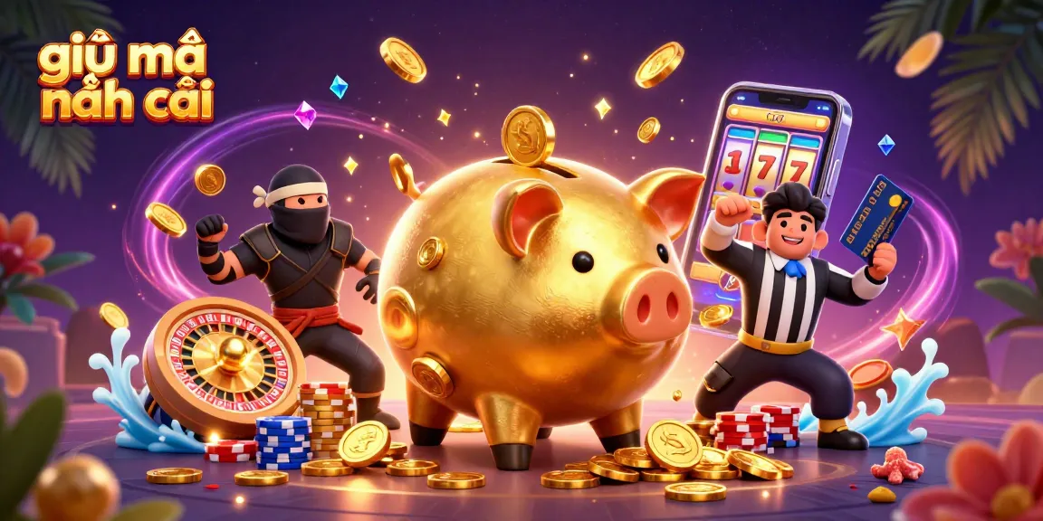 Engaging illustration depicting giải mã nhà cái with a piggy bank sumo wrestler, wallet-ninja, and credit card samurai amidst vibrant casino elements.