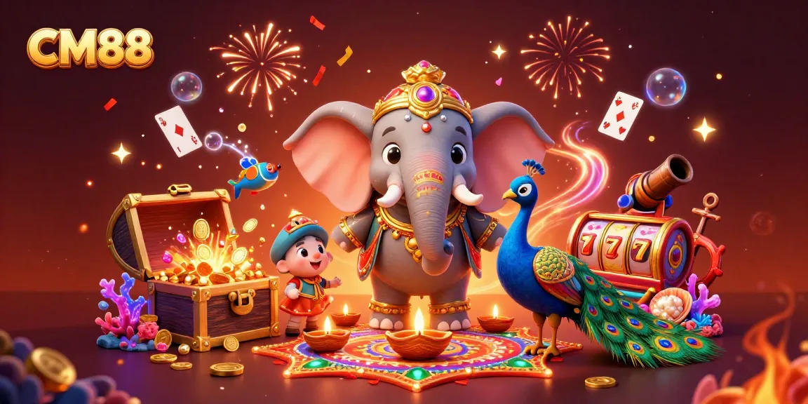 Experience CM88's vibrant 3D gaming scene with elephants and treasure in a colorful casino atmosphere.