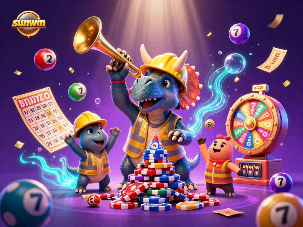 Win big with sunwin while a triceratops builds poker chips amidst a colorful casino scene.