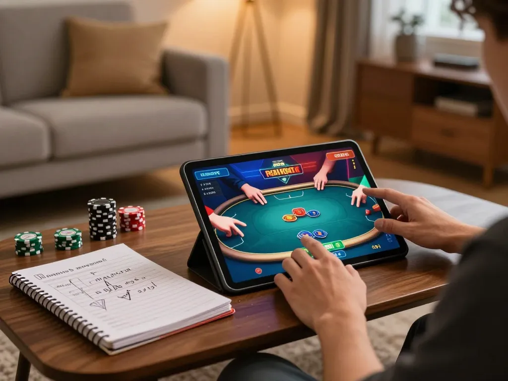 Engaging gameplay on game 98win as player bets in a cozy home setup with poker on tablet