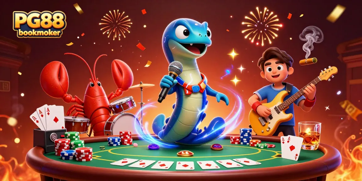 Experience PG88 bookmaker in a vibrant underwater casino with electric eel DJ and colorful poker elements.