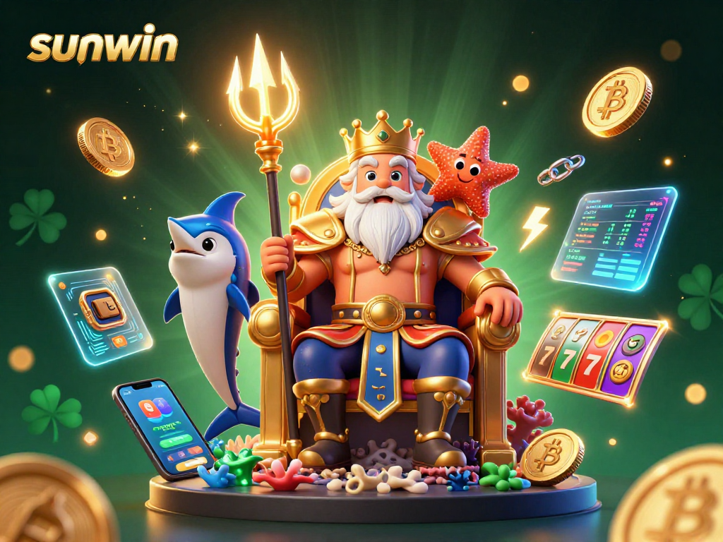 Join Neptune in a vibrant sunwin casino adventure with glowing crypto elements!