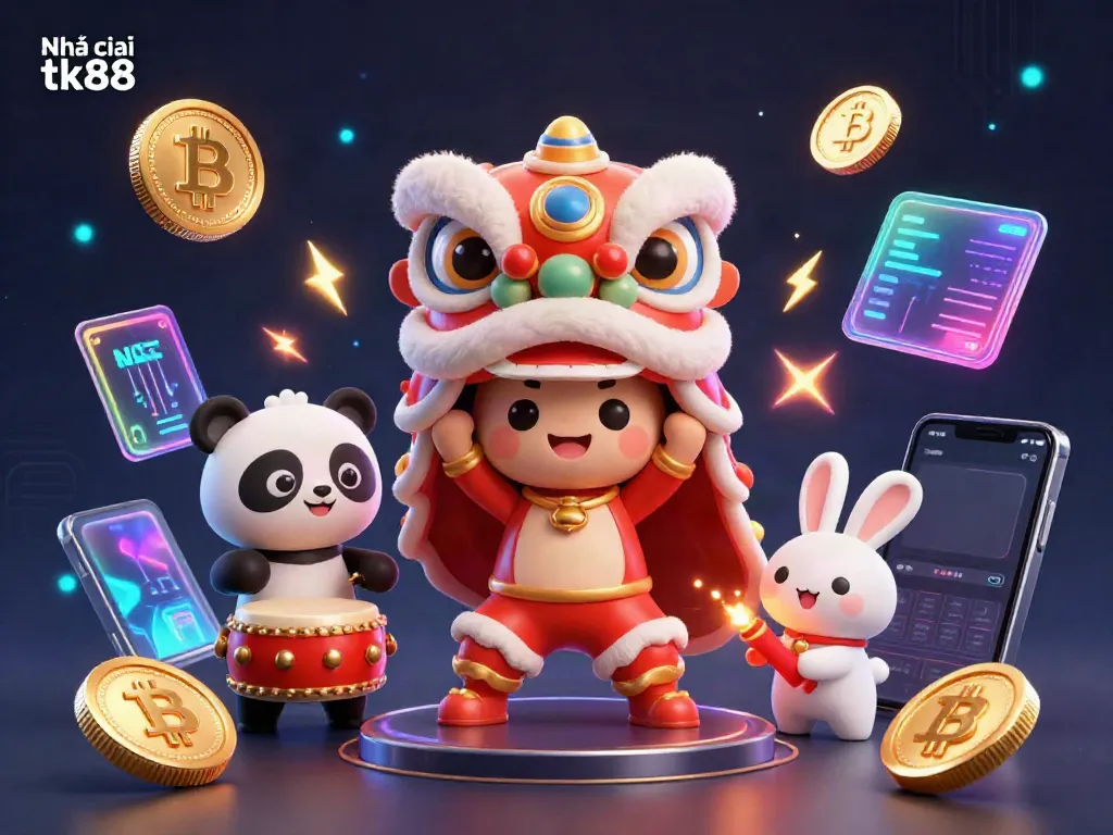 Engage with the dynamic world of Nhà cái tk88 featuring a colorful parade with a lion dance, digital currencies, and vibrant decorations.