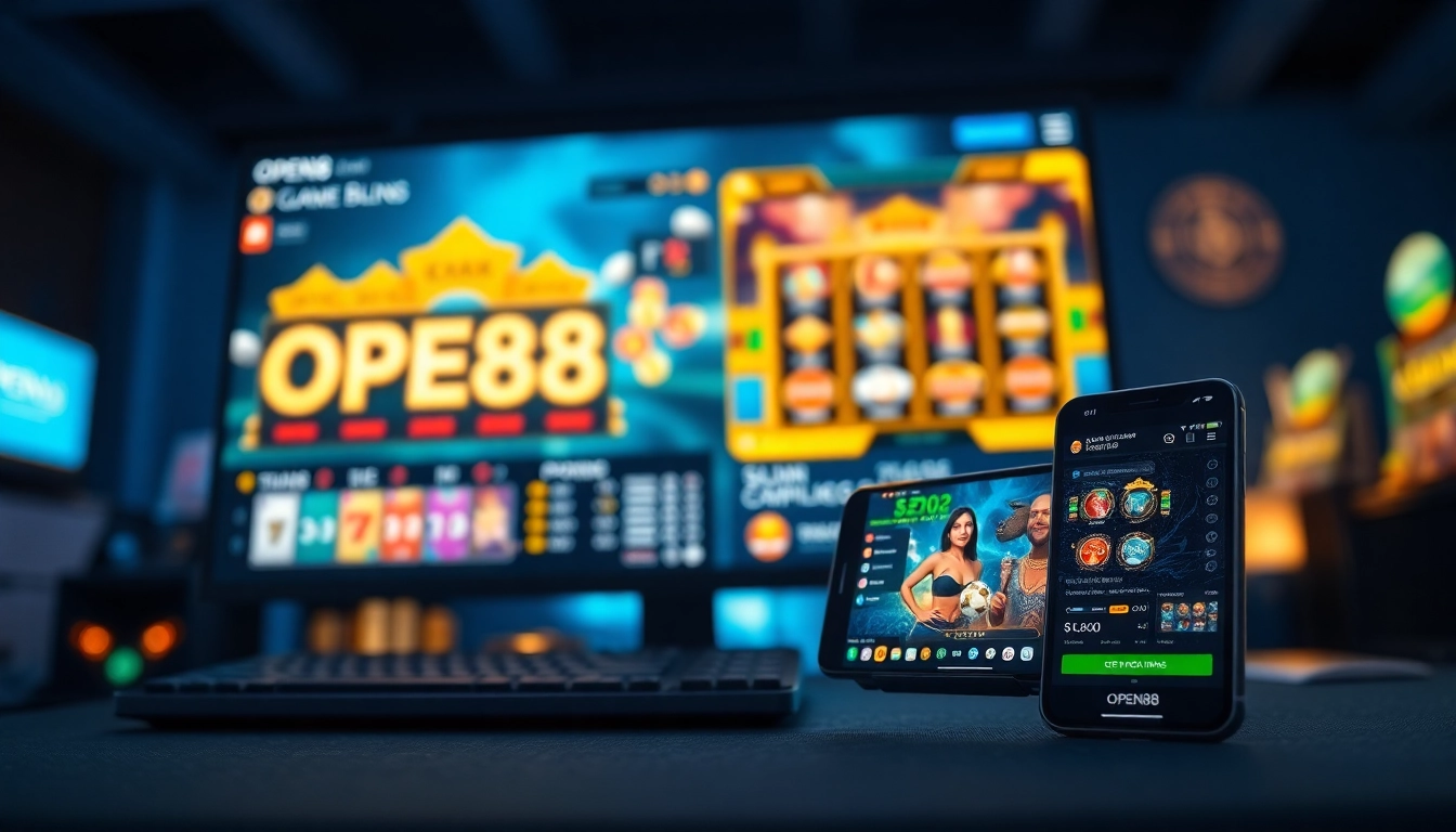 OPEN88 online gaming interface showcasing vibrant casino elements and sleek devices.