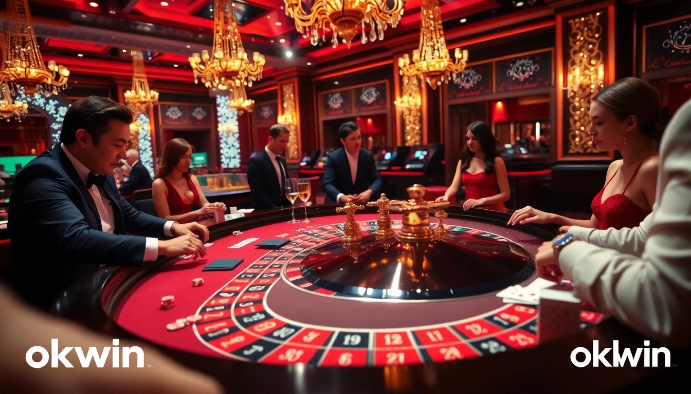Experience the thrill of okwin at a vibrant roulette table in an upscale casino scene.