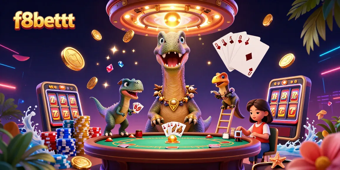 Join the excitement at f8bettt with a whimsical 3D casino scene full of vibrant characters and game elements.