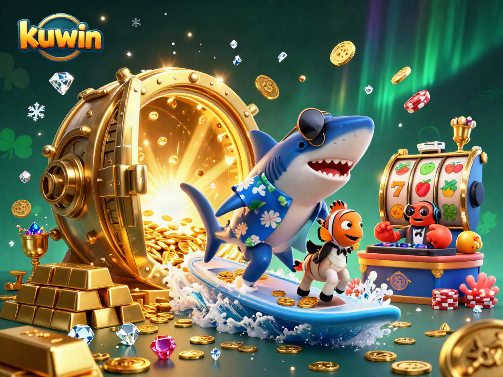 Kuwin slots theme illustration with a shark surfing gold coins, lively casino elements, and festive lighting