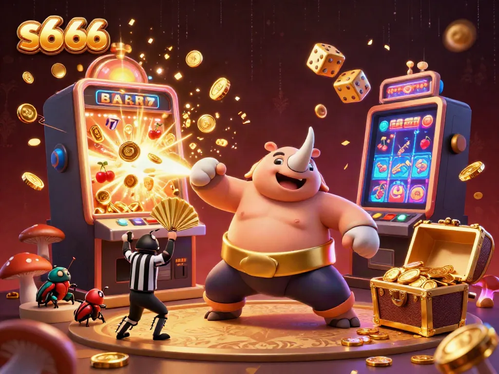 Experience an exciting gaming atmosphere at s6 66 with a vibrant beetle sumo match, coins, and casino elements.