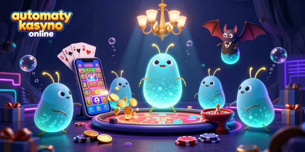 Experience the thrill of automaty kasyno online with glowing characters illuminating a vibrant casino scene filled with games and excitement.