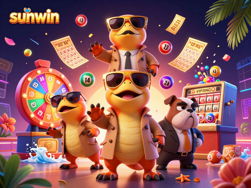 Experience sunwin as raptors in a trench coat attempt VIP entry, surrounded by vibrant casino elements.