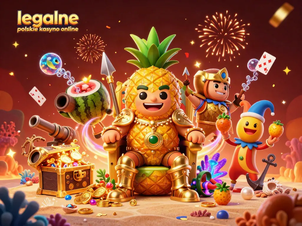 Engage with legalne polskie kasyno online featuring a 3D pineapple king surrounded by dynamic casino elements.